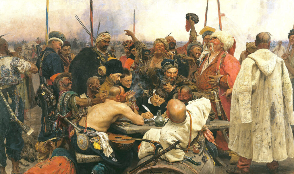 Ein Gemälde von Ilja Repin: Die Saporoger Kosaken schreiben dem türkischen Sultan einen Brief