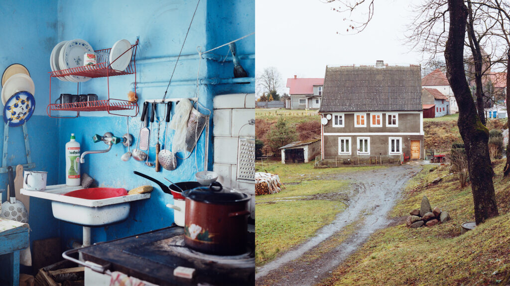 Eine alte, blaue Küche und ein altes Haus.