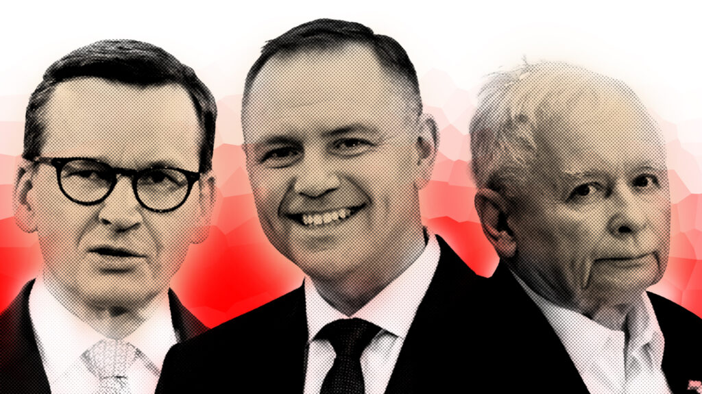 Die Collage zeigt die Gesichter von Mateusz Morawiecki, Karol Nawrocki und Jarosław Kaczyński