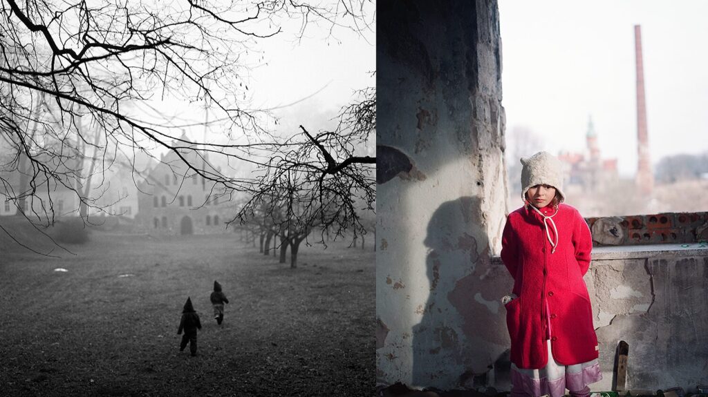 Ein altes Kloster und spielende Kinder; ein Mädchen in einem roten Mantel.