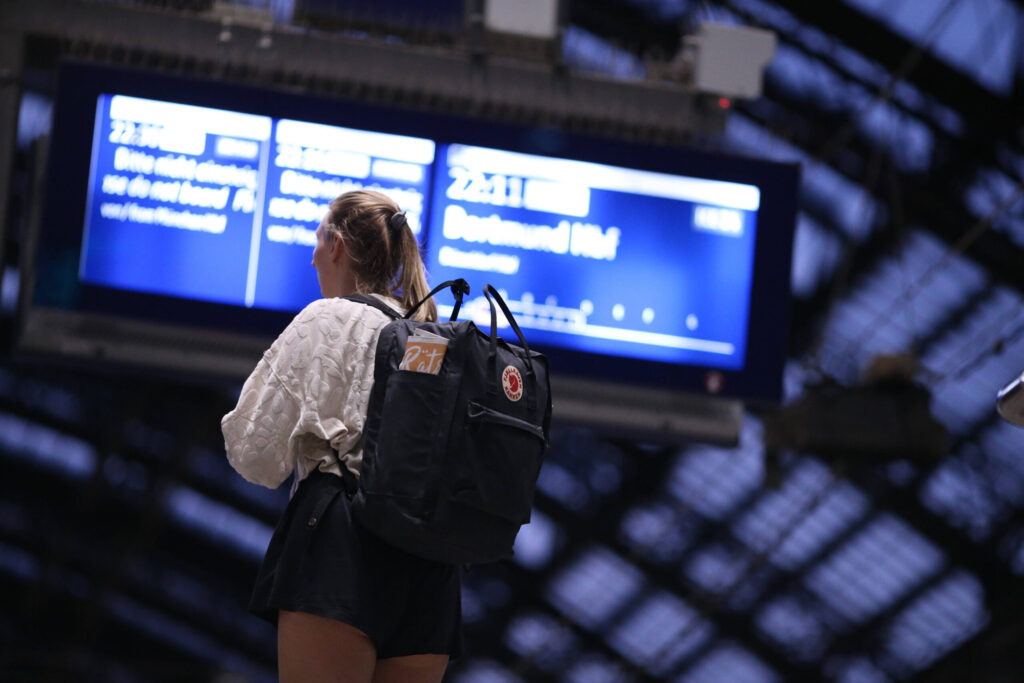 Eine Frau auf dem Bahnhof schaut sich die Anzeigetafel an.