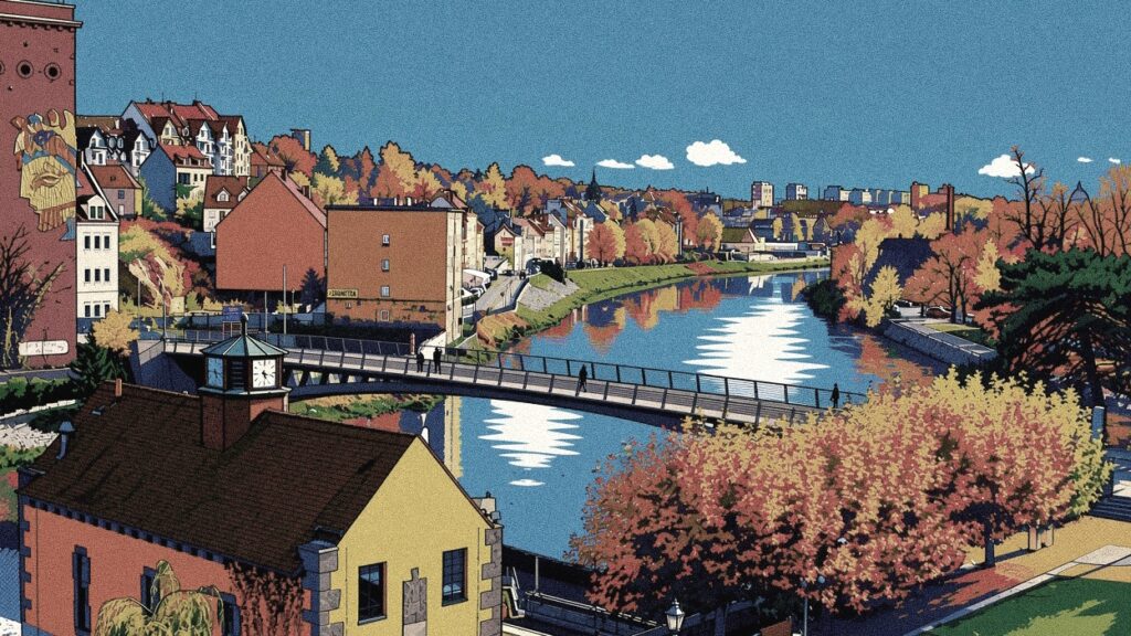 Das animierte Bild zeigt eine Stadt am Fluss mit einer Brücke.