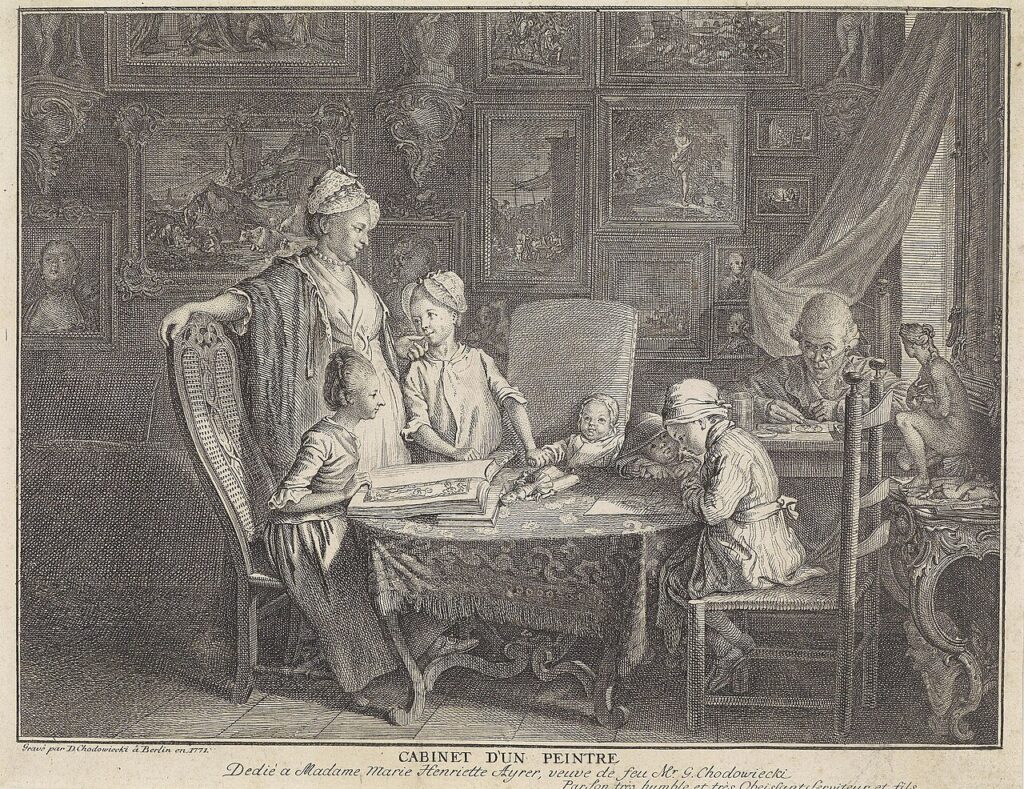 Ein Kupferstich stellt eine Familie dar. 