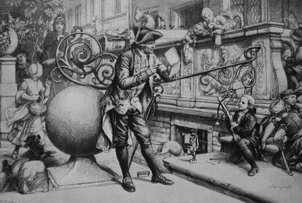 Eine schwarz-weiß Radierung zeigt einen Mann vor einem historischen Gebäude.