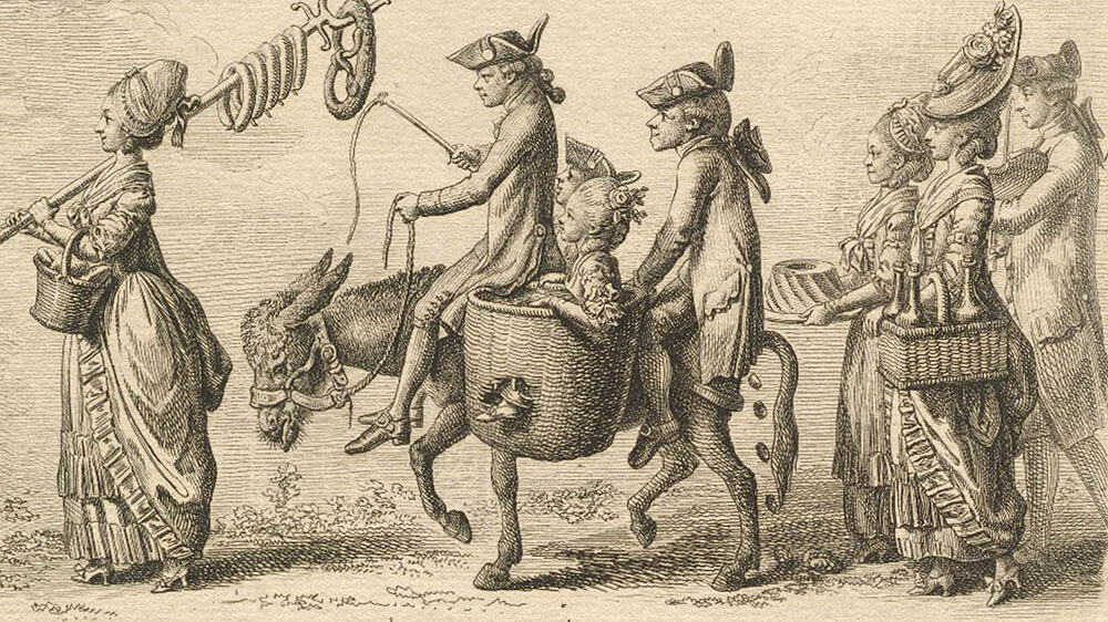 Eine Familie auf Reisen, die Kinder sitzen auf einem Esel.