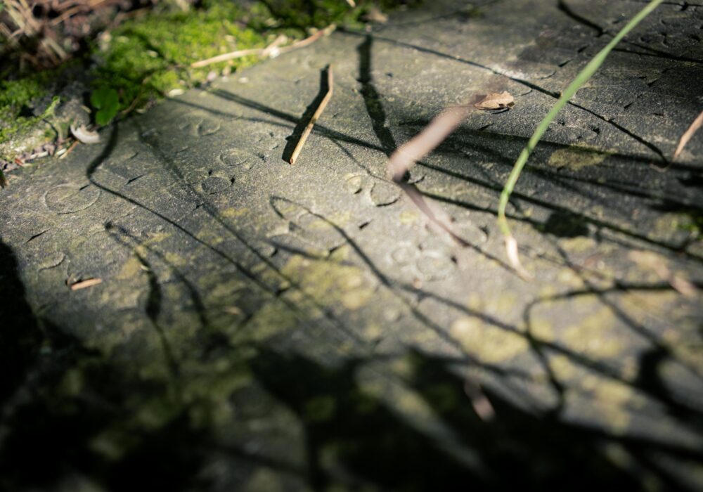 Ein auf dem Boden liegender Grabstein, der von Moos umgeben ist und auf dem kleine Stöckchen liegen.