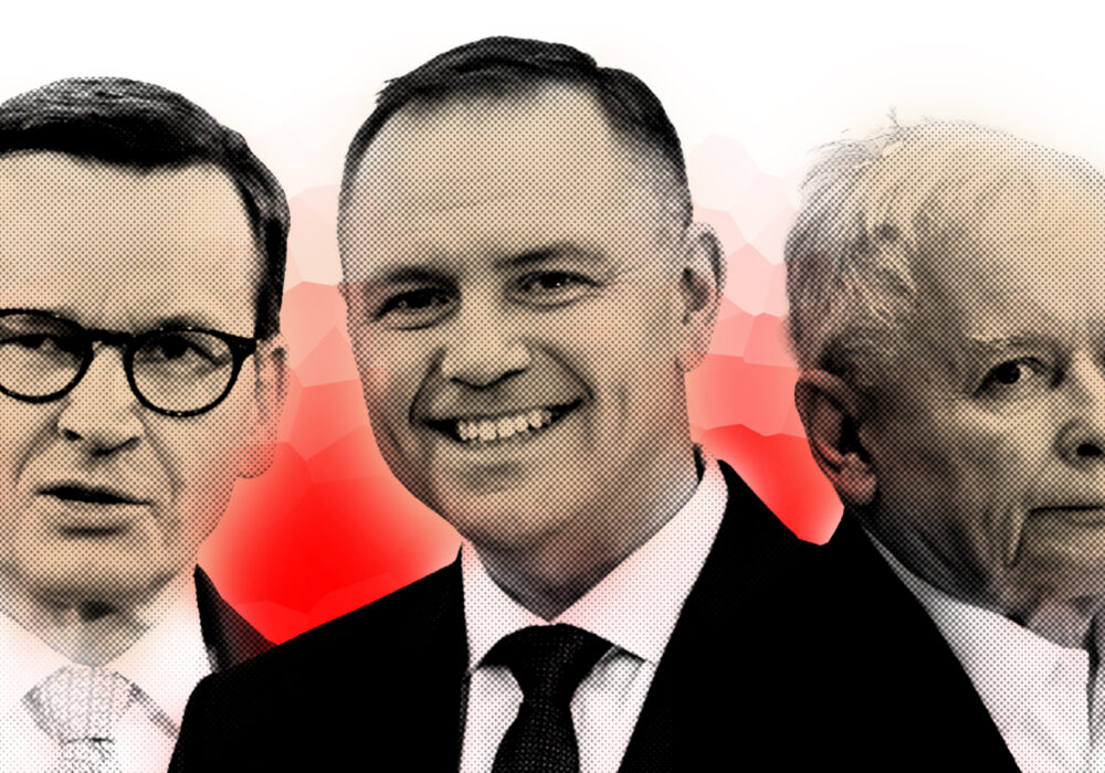 Kolaż pokazuje twarze Mateusza Morawieckiego, Karola Nawrockiego i Jarosława Kaczyńskiego