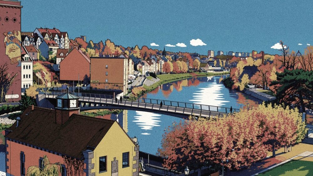 Das animierte Bild zeigt eine Stadt am Fluss mit einer Brücke.