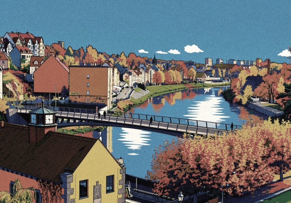 Das animierte Bild zeigt eine Stadt am Fluss mit einer Brücke.