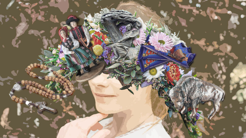 ine Collage zeigt eine Frau, umrahmt von Motiven, die mit dem Polentum assoziiert werden