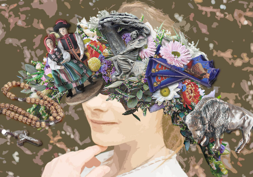 ine Collage zeigt eine Frau, umrahmt von Motiven, die mit dem Polentum assoziiert werden