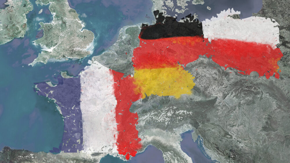 Europas Karte mit mit Flaggen markierten Ländern des Weimarer Dreiecks.